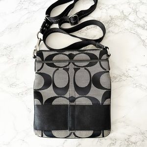 14. Coach Signature Jacquard Stripe Black/Gray/Silver Crossbody Bag *flawed*